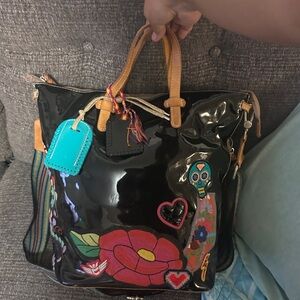 Floral Embroidered Black and Tan Tote Bag